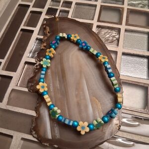 Artisan Blue and Yellow Flower Bead Bracelet